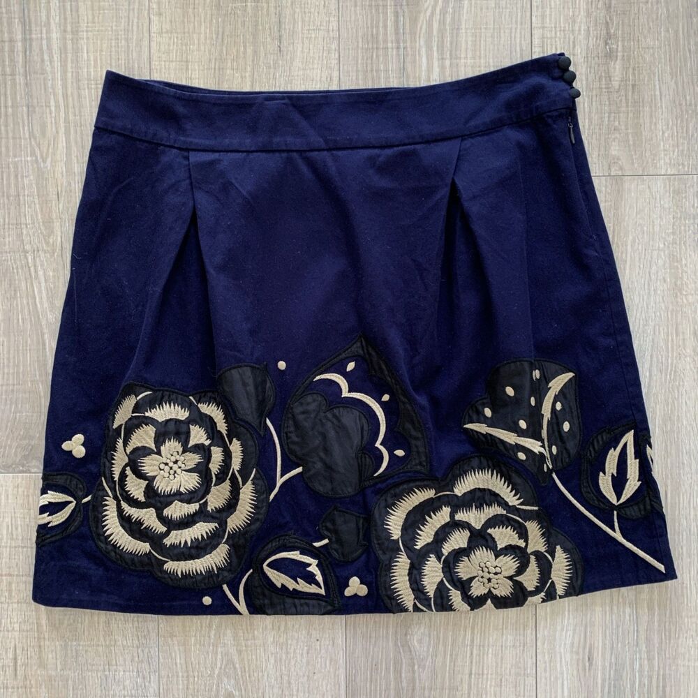 Anthropologie Floreat Embroidered Floral Skirt Navy Blue Womens Size 14